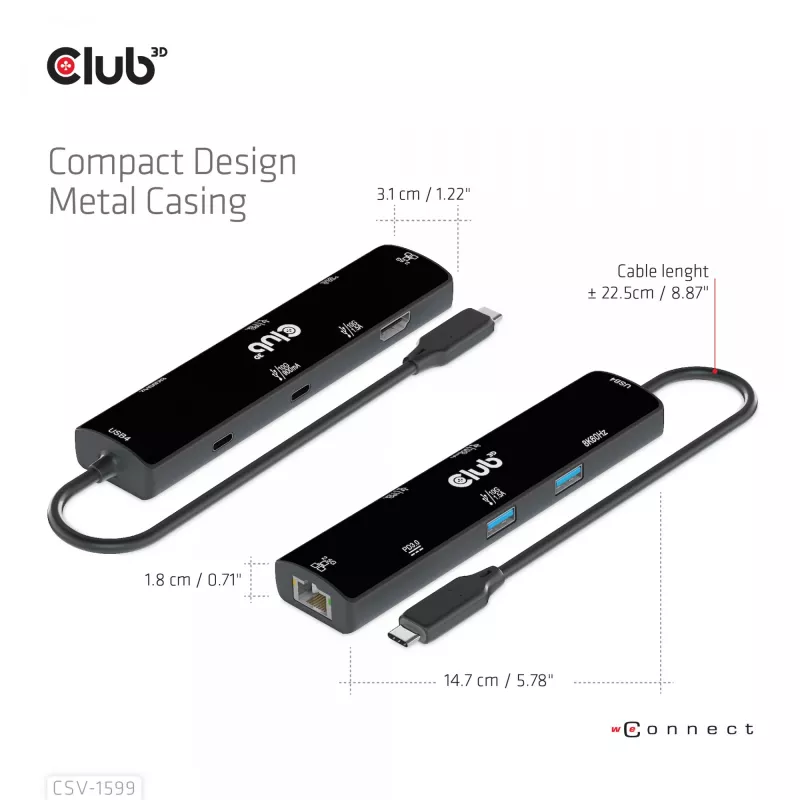 CLUB3D USB4™ Gen3x2 Type-C 6-in-1 Hub su HDMI™ 8K60Hz arba 4K120Hz, 2xUSB Type-A 10G, Ethernet RJ45 2.5G ir 2xUSB Type-C (1x Data 10G, 1x PD3.0 100W įkrovimas)