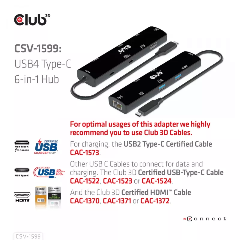 CLUB3D USB4™ Gen3x2 Type-C 6-in-1 Hub su HDMI™ 8K60Hz arba 4K120Hz, 2xUSB Type-A 10G, Ethernet RJ45 2.5G ir 2xUSB Type-C (1x Data 10G, 1x PD3.0 100W įkrovimas)
