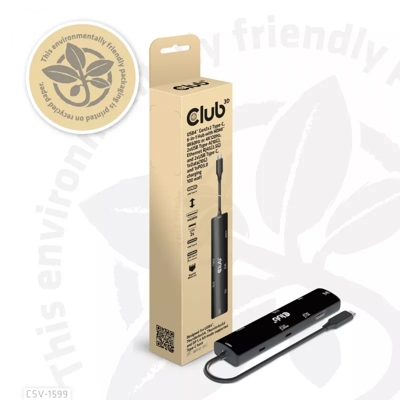 CLUB3D USB4™ Gen3x2 Type-C 6-in-1 Hub su HDMI™ 8K60Hz arba 4K120Hz, 2xUSB Type-A 10G, Ethernet RJ45 2.5G ir 2xUSB Type-C (1x Data 10G, 1x PD3.0 100W įkrovimas)