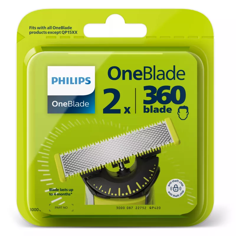 Philips Norelco OneBlade QP420/50 skustuvo galvutės, sidabrinės, 2 keičiamos galvutės, suderinamos su Philips OneBlade
