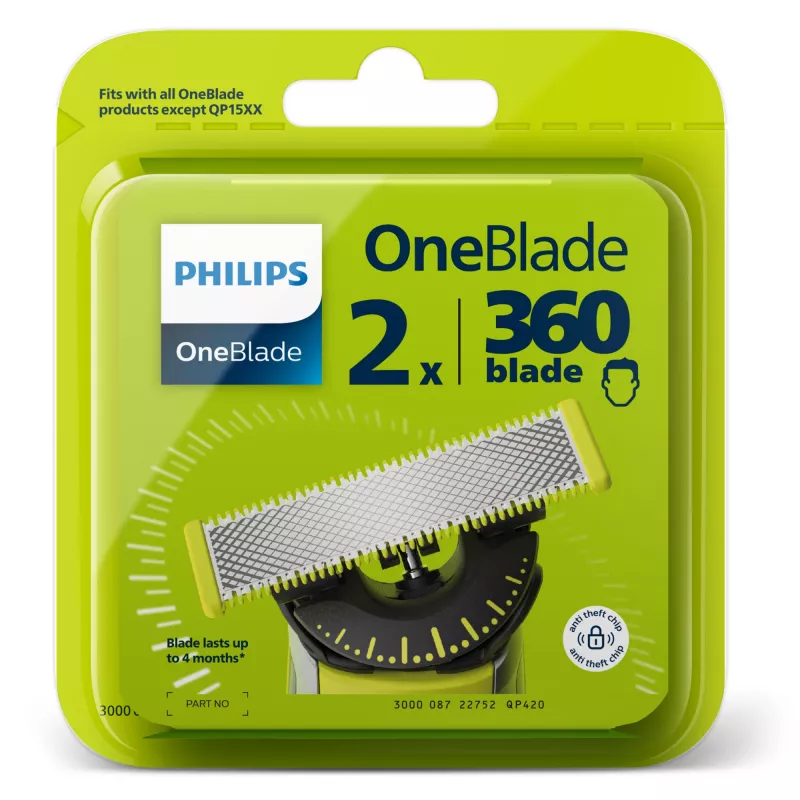 Philips Norelco OneBlade QP420/50 skustuvo galvutės, sidabrinės, 2 keičiamos galvutės, suderinamos su Philips OneBlade