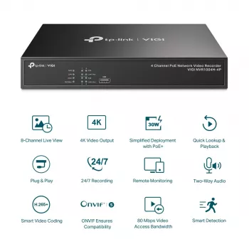 TP-Link VIGI NVR1004H-4P 4 kanalų PoE+ tinklo vaizdo registratorius