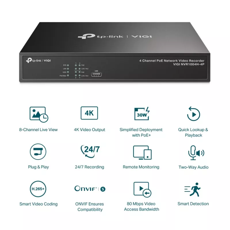 TP-Link VIGI NVR1004H-4P 4 kanalų PoE+ tinklo vaizdo registratorius
