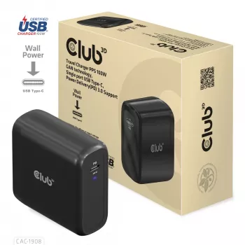CLUB3D CAC-1908EU kelioninis įkroviklis 100 W GaN technologija, USB-IF TID sertifikuotas, vienas USB Type-C prievadas, Power Delivery 3.0 palaikymas