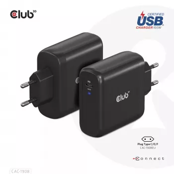 CLUB3D CAC-1908EU kelioninis įkroviklis 100 W GaN technologija, USB-IF TID sertifikuotas, vienas USB Type-C prievadas, Power Delivery 3.0 palaikymas