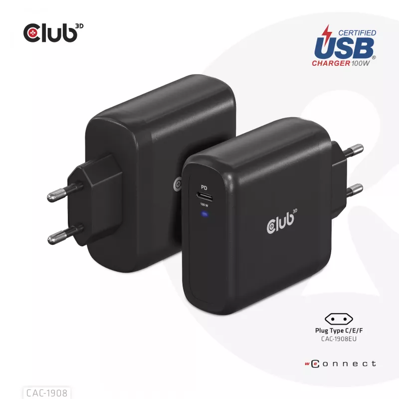 CLUB3D CAC-1908EU kelioninis įkroviklis 100 W GaN technologija, USB-IF TID sertifikuotas, vienas USB Type-C prievadas, Power Delivery 3.0 palaikymas