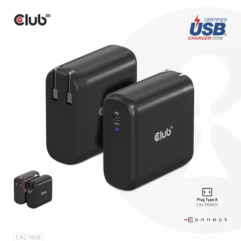 CLUB3D CAC-1908EU kelioninis įkroviklis 100 W GaN technologija, USB-IF TID sertifikuotas, vienas USB Type-C prievadas, Power Delivery 3.0 palaikymas