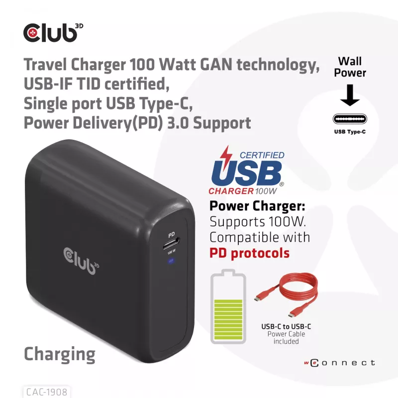 CLUB3D CAC-1908EU kelioninis įkroviklis 100 W GaN technologija, USB-IF TID sertifikuotas, vienas USB Type-C prievadas, Power Delivery 3.0 palaikymas