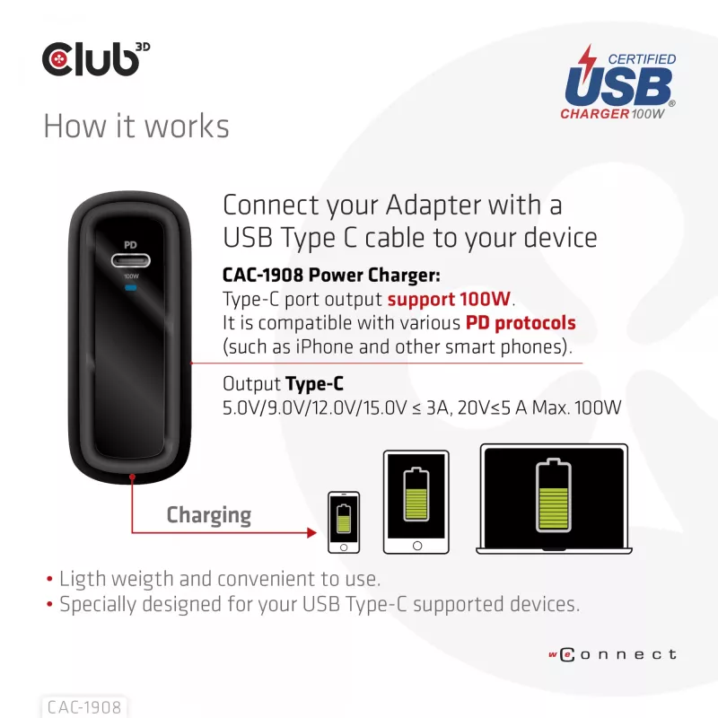 CLUB3D CAC-1908EU kelioninis įkroviklis 100 W GaN technologija, USB-IF TID sertifikuotas, vienas USB Type-C prievadas, Power Delivery 3.0 palaikymas
