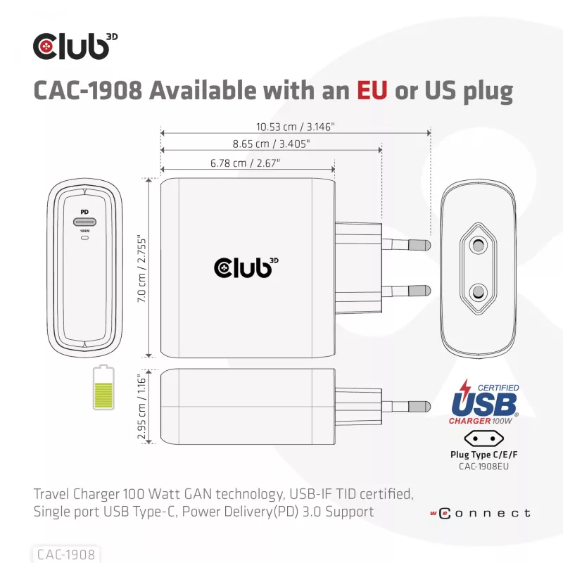 CLUB3D CAC-1908EU kelioninis įkroviklis 100 W GaN technologija, USB-IF TID sertifikuotas, vienas USB Type-C prievadas, Power Delivery 3.0 palaikymas
