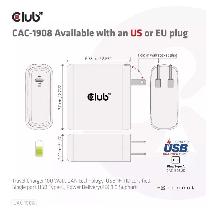 CLUB3D CAC-1908EU kelioninis įkroviklis 100 W GaN technologija, USB-IF TID sertifikuotas, vienas USB Type-C prievadas, Power Delivery 3.0 palaikymas