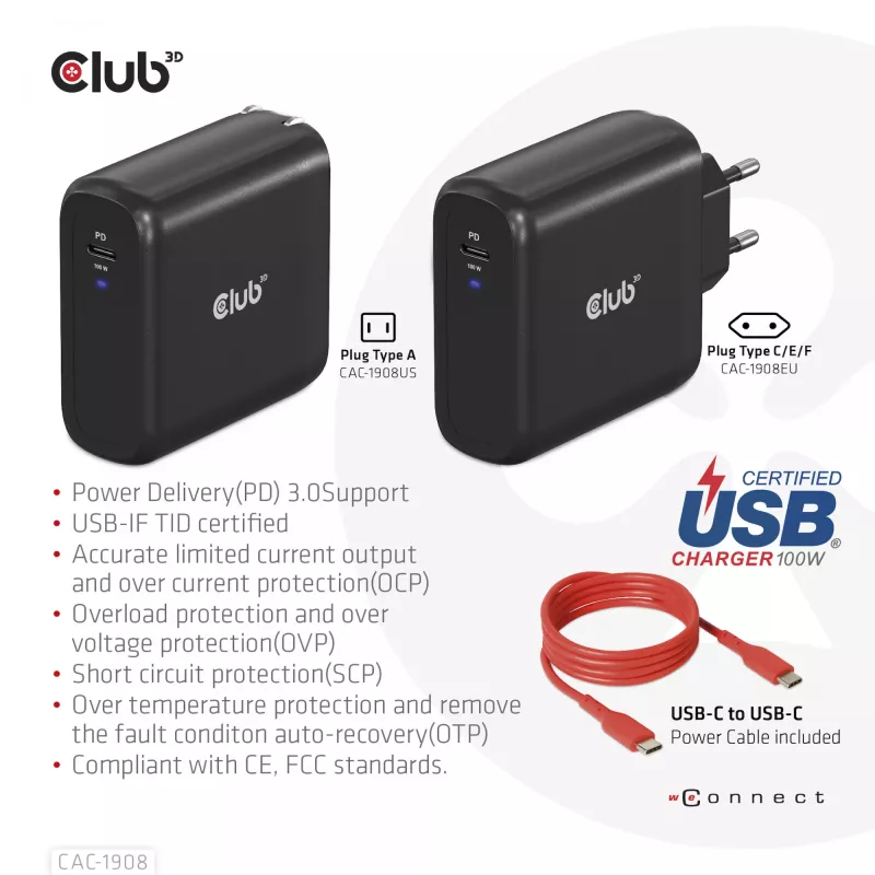 CLUB3D CAC-1908EU kelioninis įkroviklis 100 W GaN technologija, USB-IF TID sertifikuotas, vienas USB Type-C prievadas, Power Delivery 3.0 palaikymas