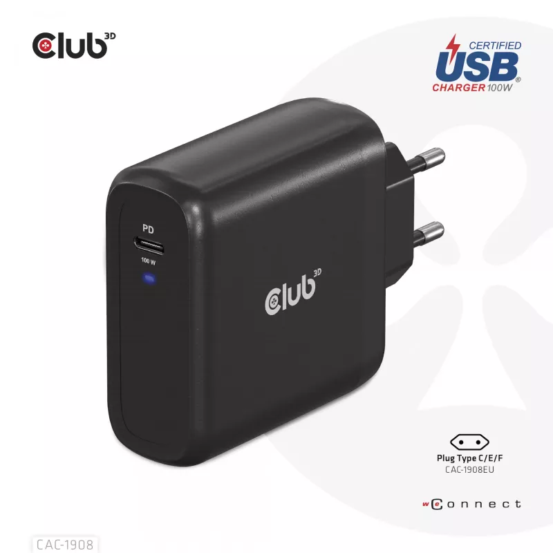 CLUB3D CAC-1908EU kelioninis įkroviklis 100 W GaN technologija, USB-IF TID sertifikuotas, vienas USB Type-C prievadas, Power Delivery 3.0 palaikymas