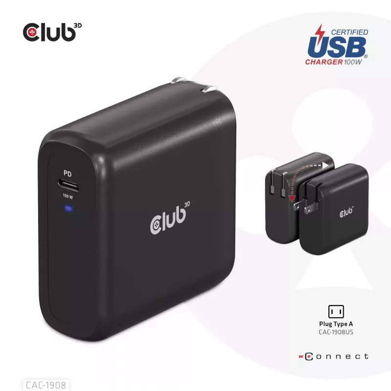 CLUB3D CAC-1908EU kelioninis įkroviklis 100 W GaN technologija, USB-IF TID sertifikuotas, vienas USB Type-C prievadas, Power Delivery 3.0 palaikymas