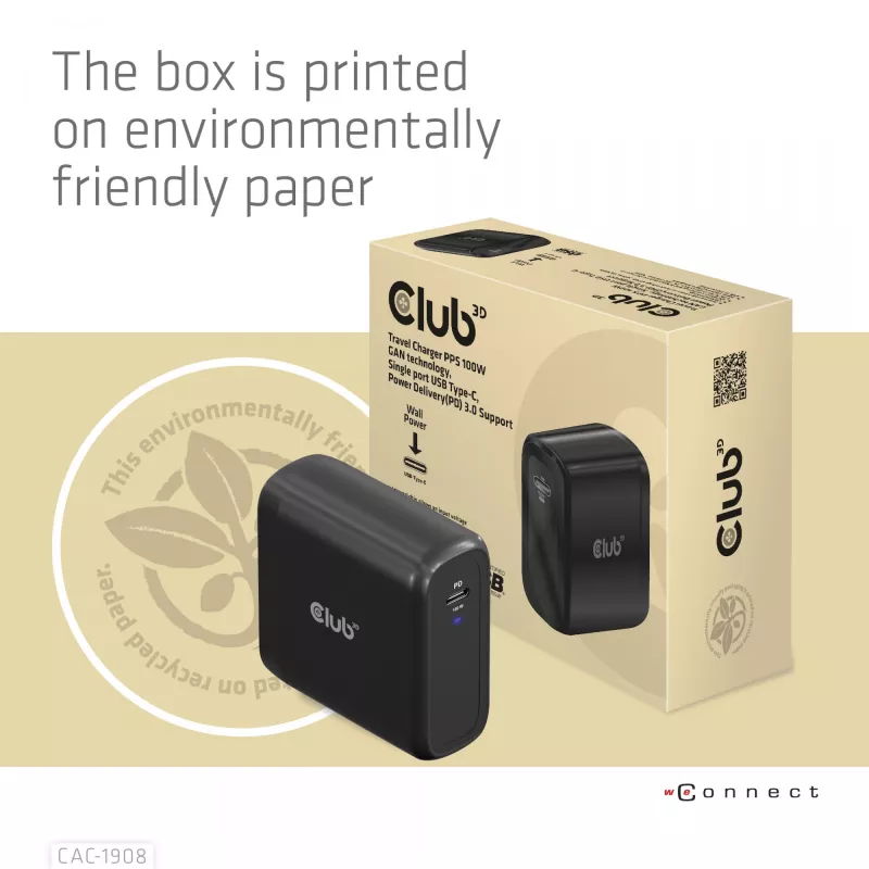 CLUB3D CAC-1908EU kelioninis įkroviklis 100 W GaN technologija, USB-IF TID sertifikuotas, vienas USB Type-C prievadas, Power Delivery 3.0 palaikymas