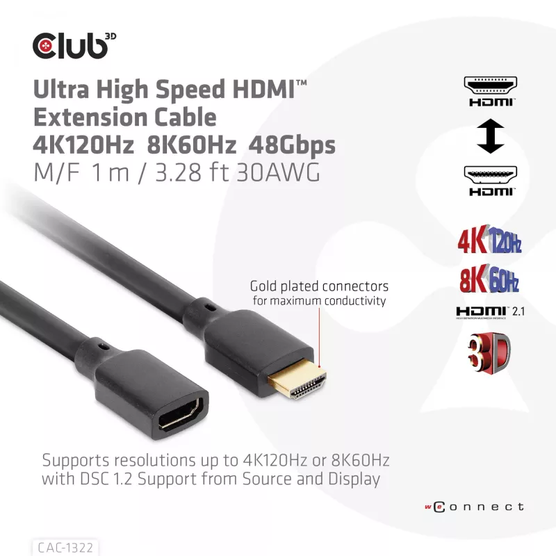 Club 3D CAC-1322 Ultra High Speed HDMI 2.1 ilginamasis kabelis, 4K, M/F, 1 m, juodas