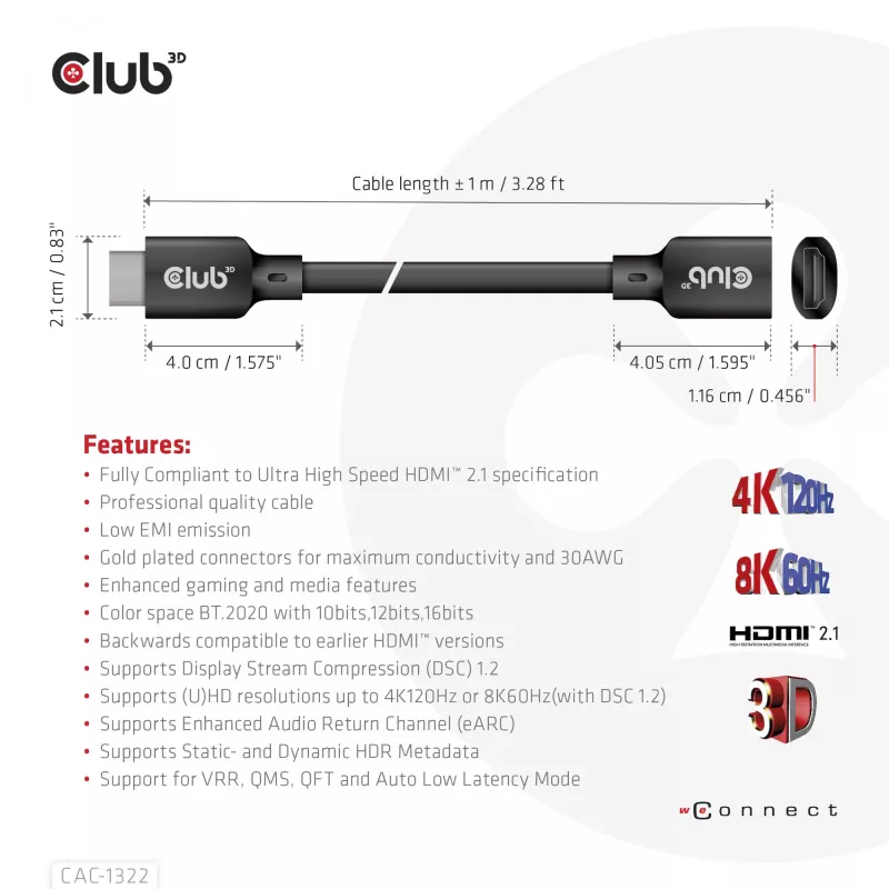 Club 3D CAC-1322 Ultra High Speed HDMI 2.1 ilginamasis kabelis, 4K, M/F, 1 m, juodas