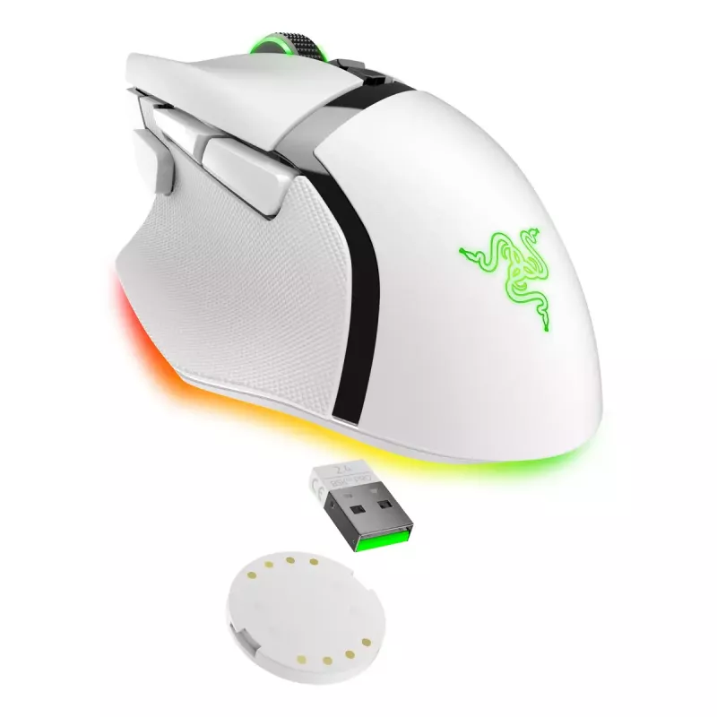 Žaidimų pelė Razer Basilisk V3 Pro – dešinei rankai, optinė 30 000 DPI, RF belaidis/Bluetooth/USB-C, balta