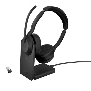 Jabra Evolve2 55 - Link380a UC Stereo (su stovu), Belaidis, Biuro/skambučių centro, 20 - 20000 Hz, 130 g, Ausinės, Juodos