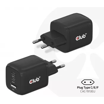 CLUB3D CAC-1913 kelioninis įkroviklis PPS 65W GaN technologija, trys prievadai (2x USB-C + USB-A), Power Delivery 3.0