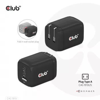 CLUB3D CAC-1913 kelioninis įkroviklis PPS 65W GaN technologija, trys prievadai (2x USB-C + USB-A), Power Delivery 3.0