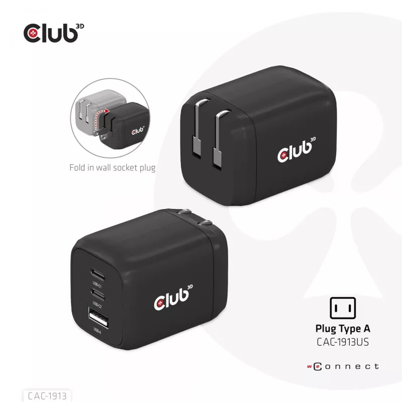 CLUB3D CAC-1913 kelioninis įkroviklis PPS 65W GaN technologija, trys prievadai (2x USB-C + USB-A), Power Delivery 3.0