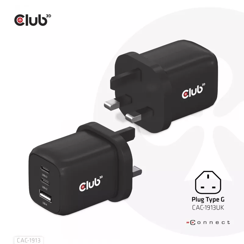 CLUB3D CAC-1913 kelioninis įkroviklis PPS 65W GaN technologija, trys prievadai (2x USB-C + USB-A), Power Delivery 3.0