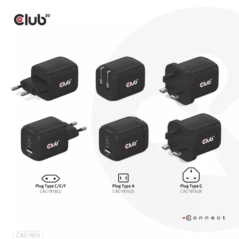 CLUB3D CAC-1913 kelioninis įkroviklis PPS 65W GaN technologija, trys prievadai (2x USB-C + USB-A), Power Delivery 3.0