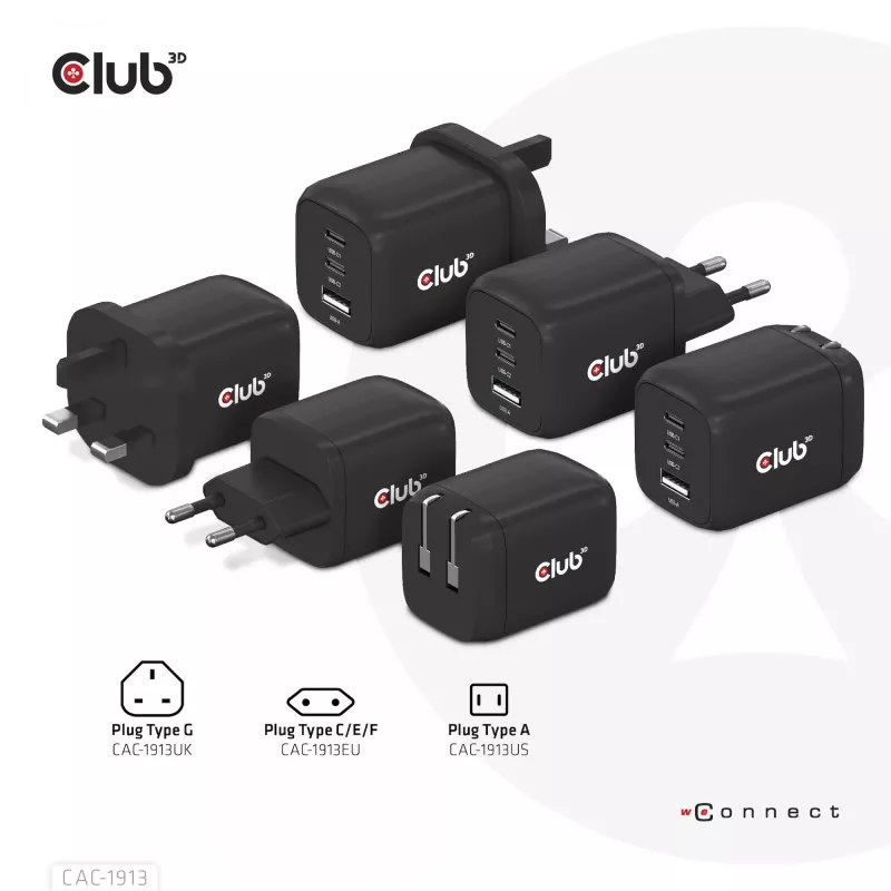 CLUB3D CAC-1913 kelioninis įkroviklis PPS 65W GaN technologija, trys prievadai (2x USB-C + USB-A), Power Delivery 3.0