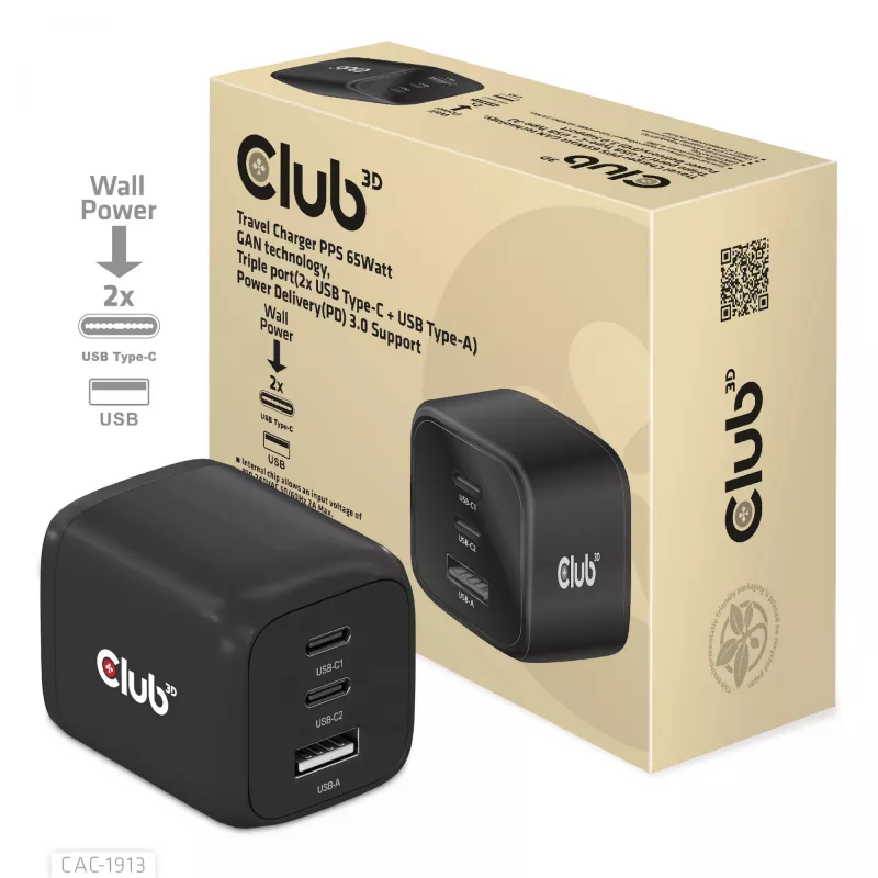 CLUB3D CAC-1913 kelioninis įkroviklis PPS 65W GaN technologija, trys prievadai (2x USB-C + USB-A), Power Delivery 3.0