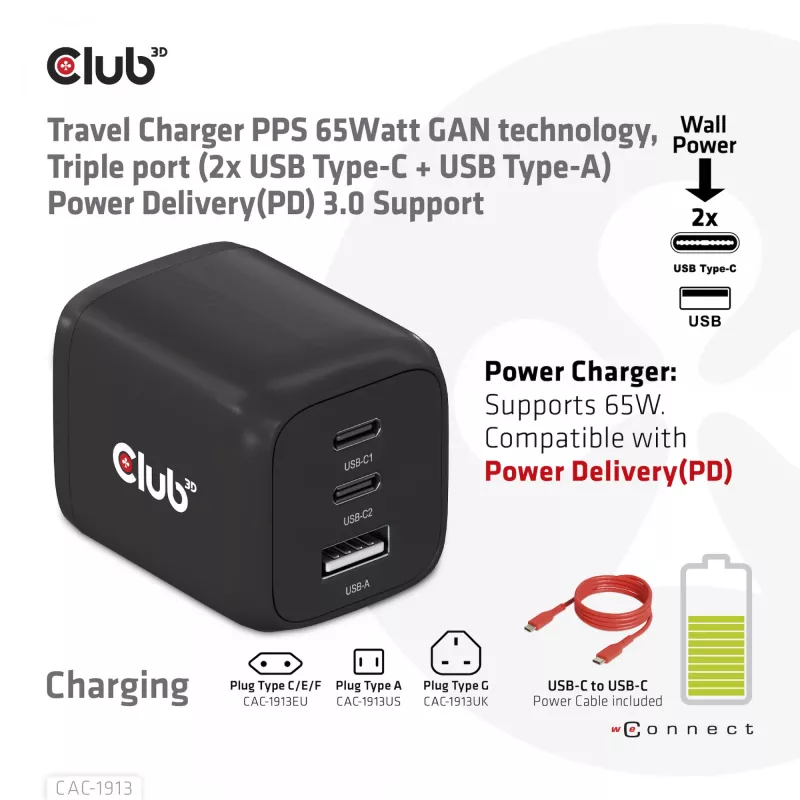 CLUB3D CAC-1913 kelioninis įkroviklis PPS 65W GaN technologija, trys prievadai (2x USB-C + USB-A), Power Delivery 3.0
