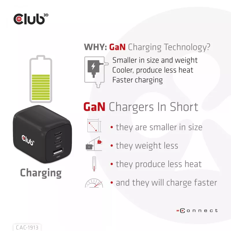 CLUB3D CAC-1913 kelioninis įkroviklis PPS 65W GaN technologija, trys prievadai (2x USB-C + USB-A), Power Delivery 3.0