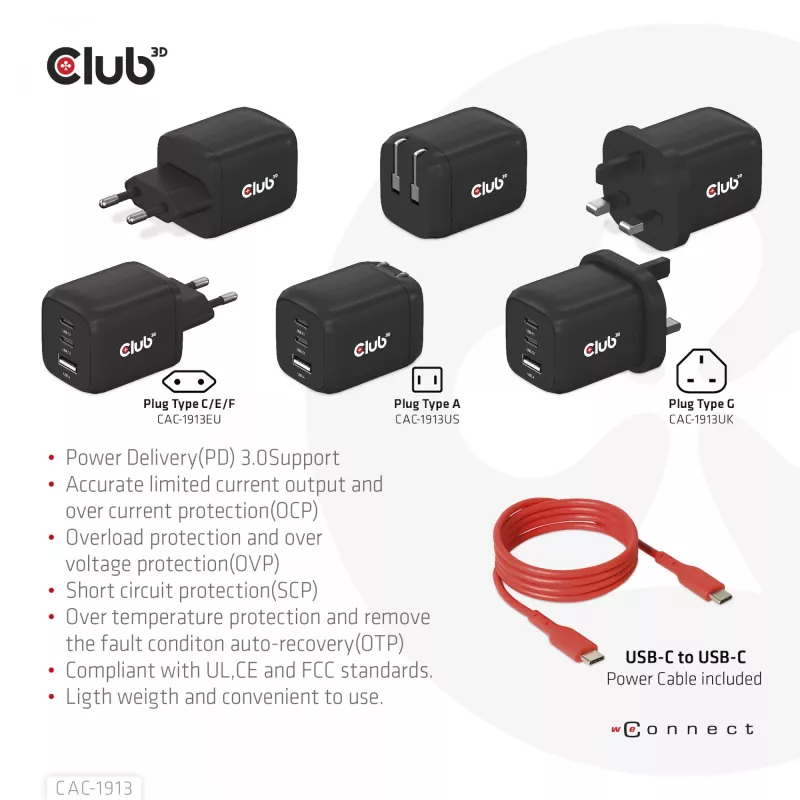 CLUB3D CAC-1913 kelioninis įkroviklis PPS 65W GaN technologija, trys prievadai (2x USB-C + USB-A), Power Delivery 3.0