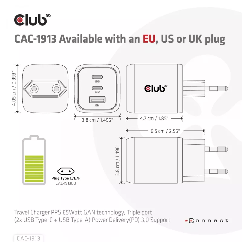 CLUB3D CAC-1913 kelioninis įkroviklis PPS 65W GaN technologija, trys prievadai (2x USB-C + USB-A), Power Delivery 3.0