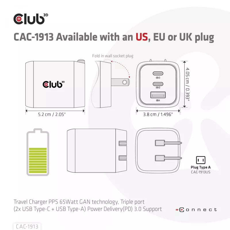 CLUB3D CAC-1913 kelioninis įkroviklis PPS 65W GaN technologija, trys prievadai (2x USB-C + USB-A), Power Delivery 3.0