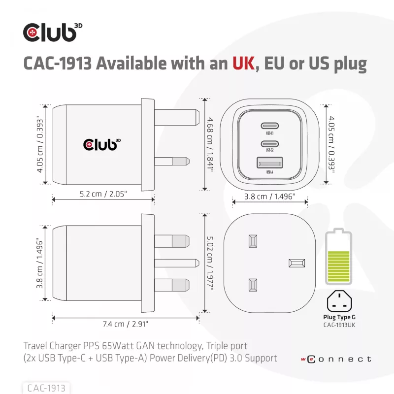 CLUB3D CAC-1913 kelioninis įkroviklis PPS 65W GaN technologija, trys prievadai (2x USB-C + USB-A), Power Delivery 3.0