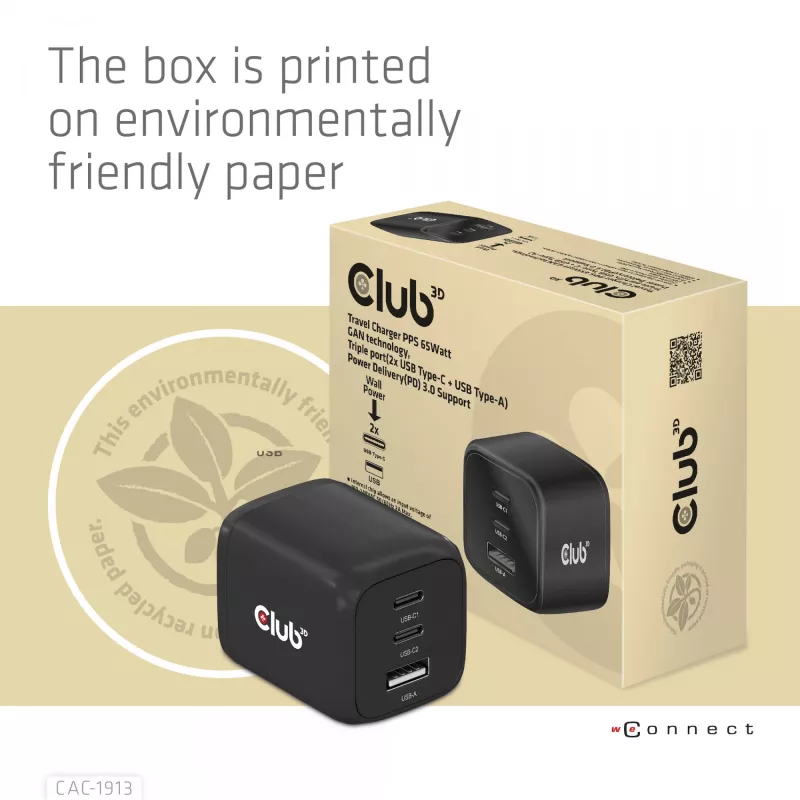 CLUB3D CAC-1913 kelioninis įkroviklis PPS 65W GaN technologija, trys prievadai (2x USB-C + USB-A), Power Delivery 3.0