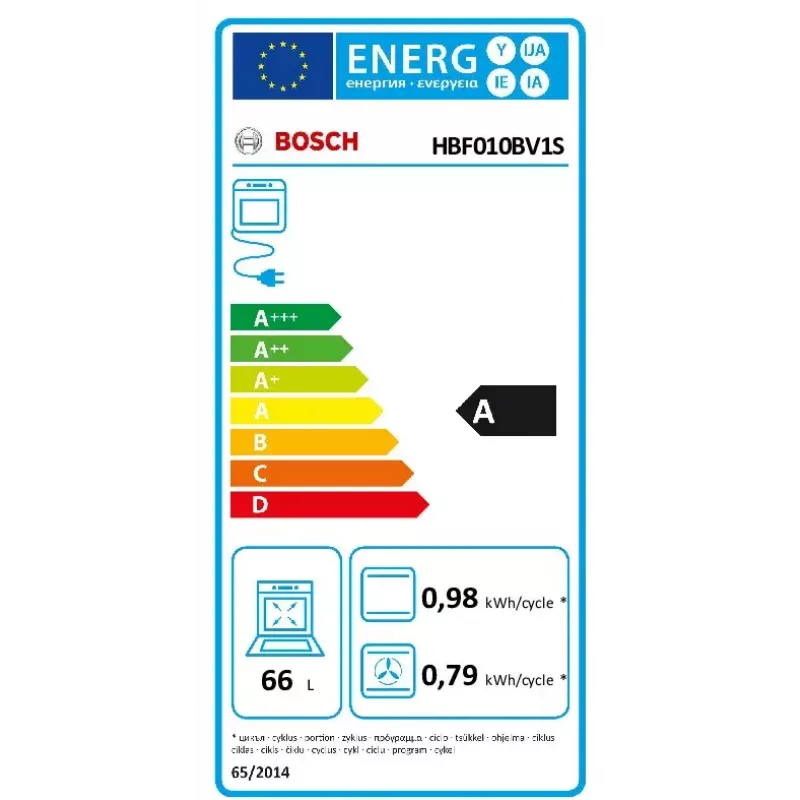 Įmontuojama elektrinė orkaitė Bosch Serie 2 HBF010BV1S — 66 L, sukamosios rankenėlės, halogeninis apšvietimas, A klasė, balta