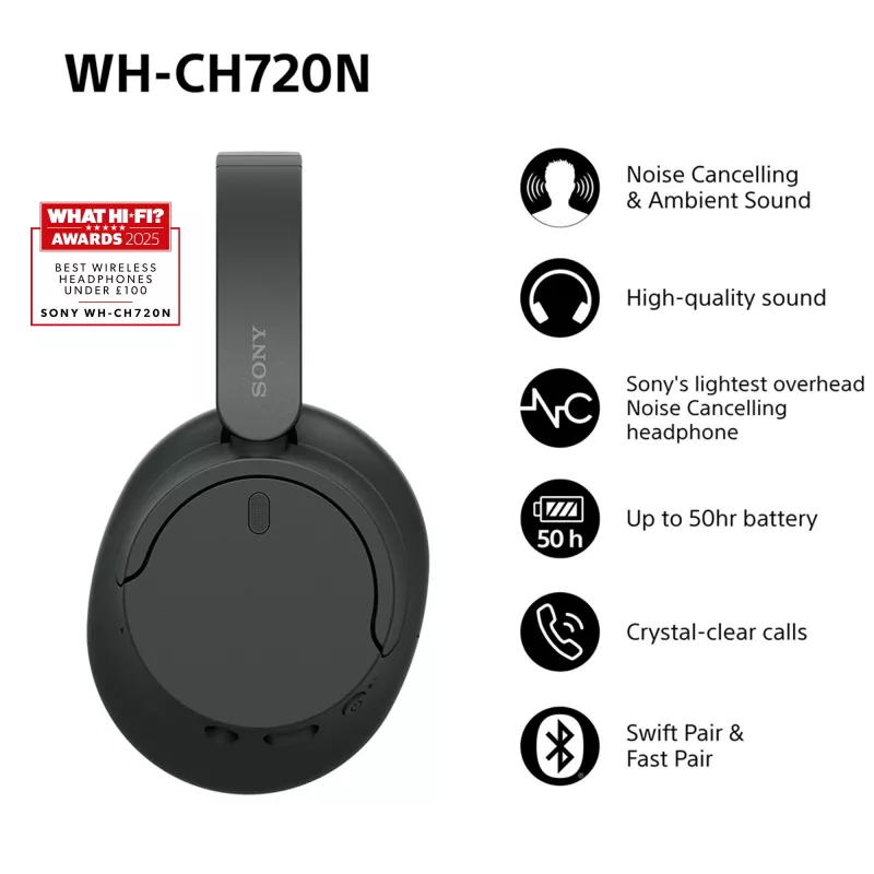 Sony WH-CH720N belaidės ausinės su triukšmo slopinimu, USB Type-C, Bluetooth, juodos