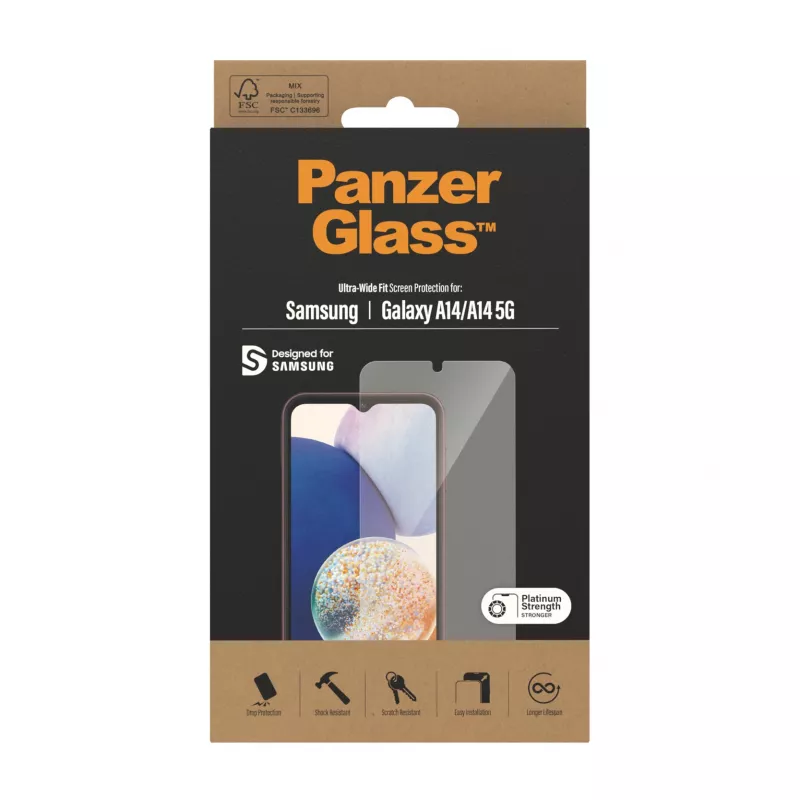 Apsauginis stiklas PanzerGlass Ultra-Wide Fit Samsung Galaxy A14 / A14 5G – atsparus įbrėžimams ir smūgiams