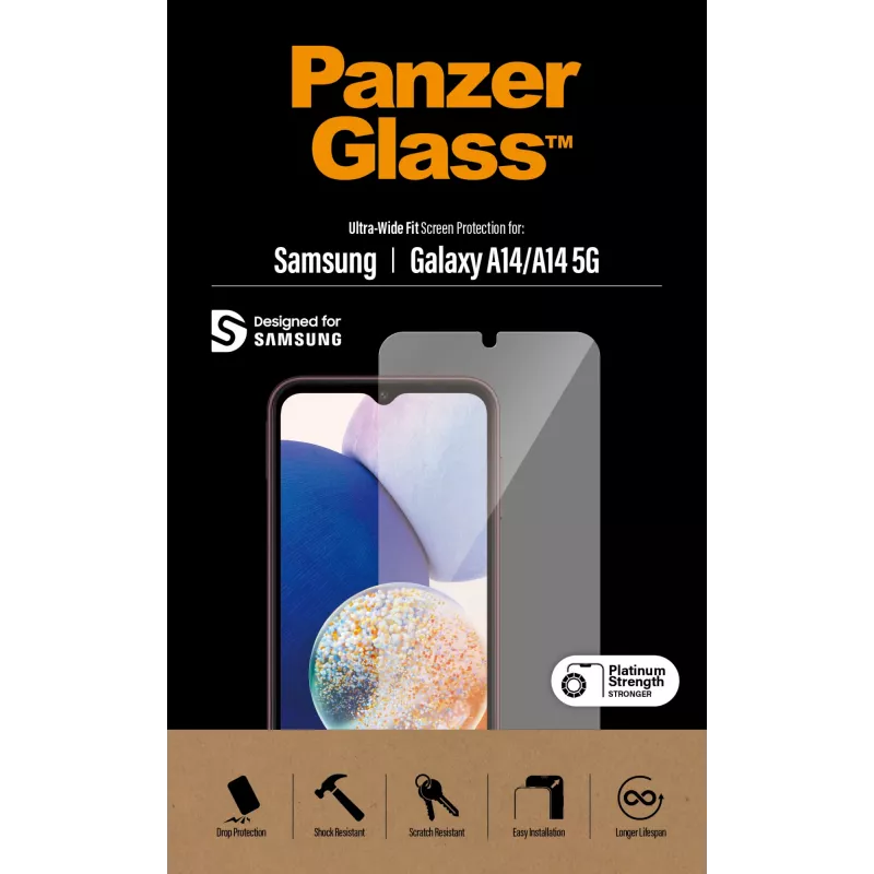 Apsauginis stiklas PanzerGlass Ultra-Wide Fit Samsung Galaxy A14 / A14 5G – atsparus įbrėžimams ir smūgiams