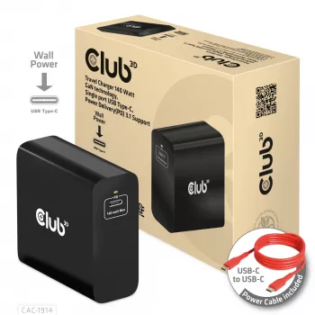 CLUB3D Travel Charger 140 W GaN technologija, vienas USB Type-C prievadas, Power Delivery (PD) 3.1 palaikymas