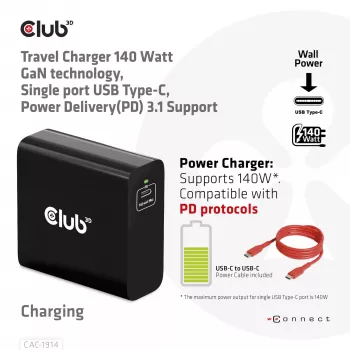 CLUB3D Travel Charger 140 W GaN technologija, vienas USB Type-C prievadas, Power Delivery (PD) 3.1 palaikymas
