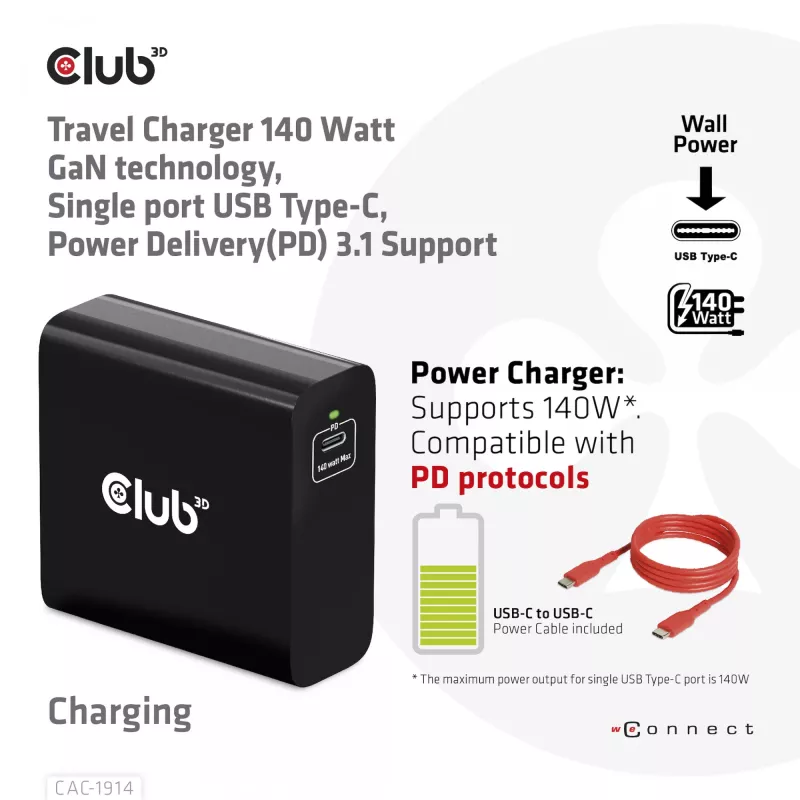 CLUB3D Travel Charger 140 W GaN technologija, vienas USB Type-C prievadas, Power Delivery (PD) 3.1 palaikymas