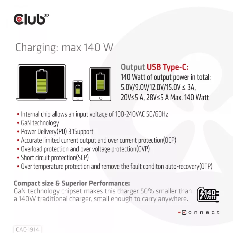 CLUB3D Travel Charger 140 W GaN technologija, vienas USB Type-C prievadas, Power Delivery (PD) 3.1 palaikymas