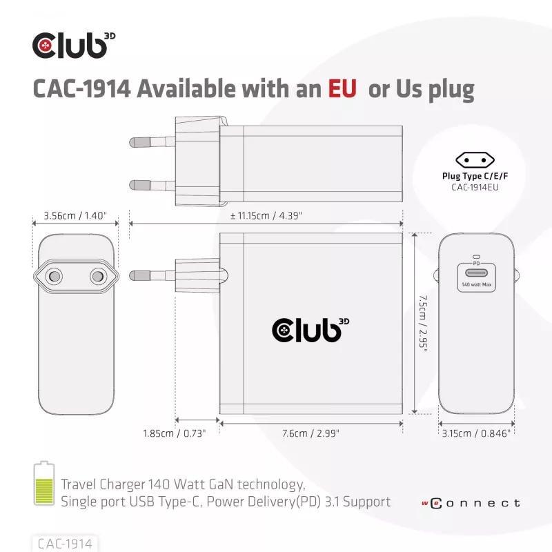 CLUB3D Travel Charger 140 W GaN technologija, vienas USB Type-C prievadas, Power Delivery (PD) 3.1 palaikymas
