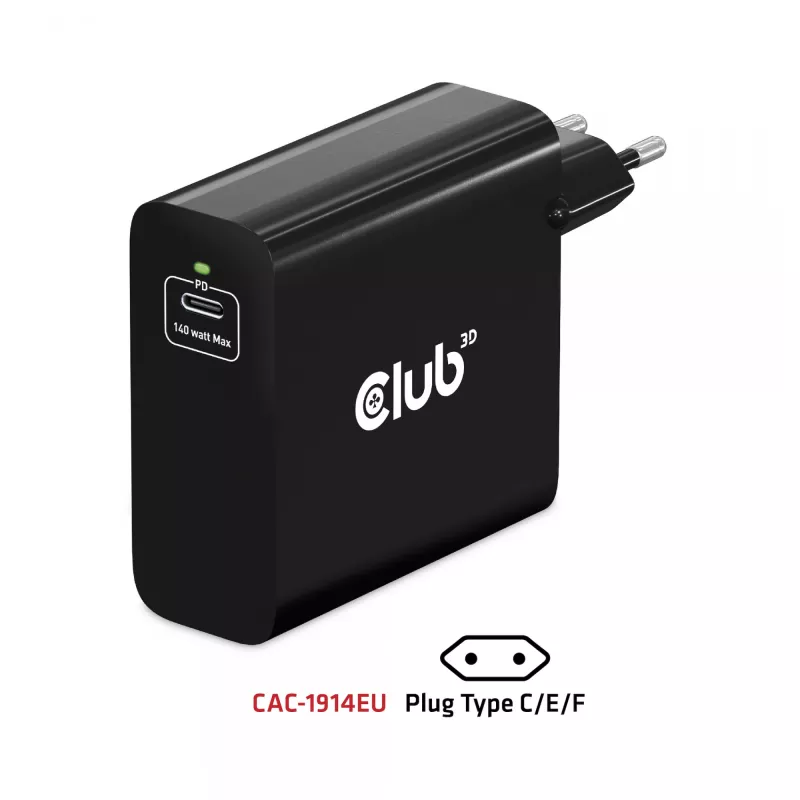 CLUB3D Travel Charger 140 W GaN technologija, vienas USB Type-C prievadas, Power Delivery (PD) 3.1 palaikymas