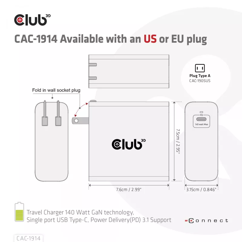 CLUB3D Travel Charger 140 W GaN technologija, vienas USB Type-C prievadas, Power Delivery (PD) 3.1 palaikymas