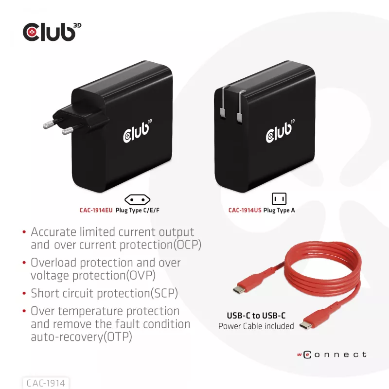 CLUB3D Travel Charger 140 W GaN technologija, vienas USB Type-C prievadas, Power Delivery (PD) 3.1 palaikymas
