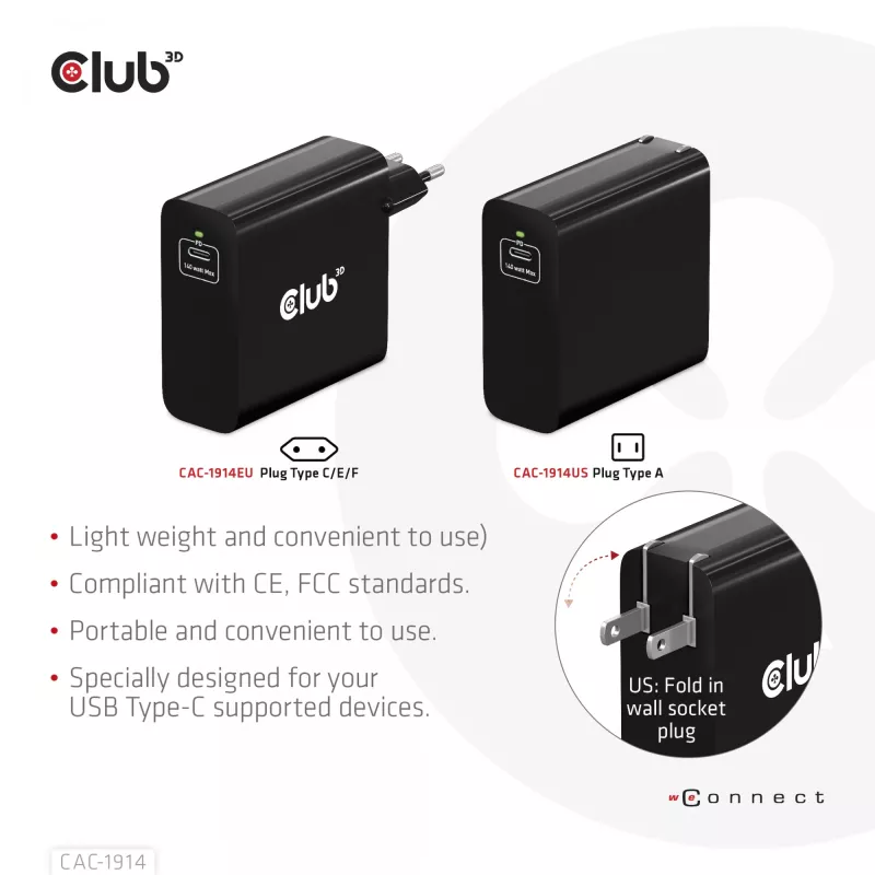 CLUB3D Travel Charger 140 W GaN technologija, vienas USB Type-C prievadas, Power Delivery (PD) 3.1 palaikymas